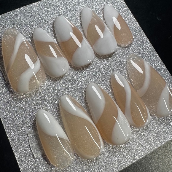 Medium almond white swirl handmade press on nails - Picture 1 of 5